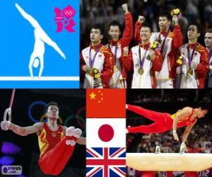 пазл Гимнастика Мужчины многоборье подиум команды, Китай, Япония и Великобритания - Лондон 2012-